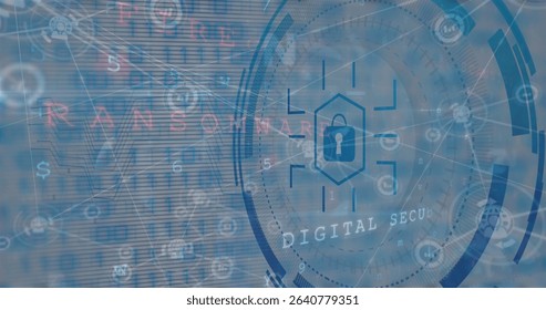 Displaying hexagonal padlock icon within network interface, UI rings binary code warning text. Cybersecurity, digital, technology, protection, network, interface, data - Powered by Shutterstock - Get 15% off with code: PIKWIZARD15