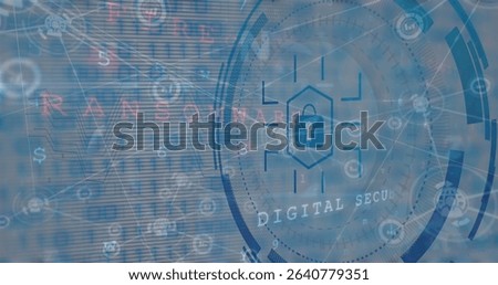 Displaying hexagonal padlock icon within network interface, UI rings binary code warning text. Cybersecurity, digital, technology, protection, network, interface, data