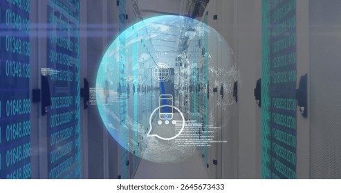 Displaying hologram globe with phone network icon, code in data center corridor with blinking racks. Technology, data visualization, futuristic, connectivity, cybersecurity, digital infrastructure,