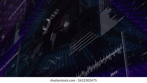Displaying holographic 3D globe floating on dashboard, with numeric overlays line charts bar graphs. Technology, data, analytics, futuristic, innovation, visualization, digital