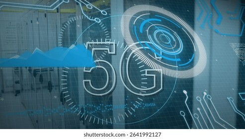 Displaying holographic 5G in data center with grid overlay, radar rings and circuit board traces. Technology, innovation, cyberspace, digital, network, communication, futuristic