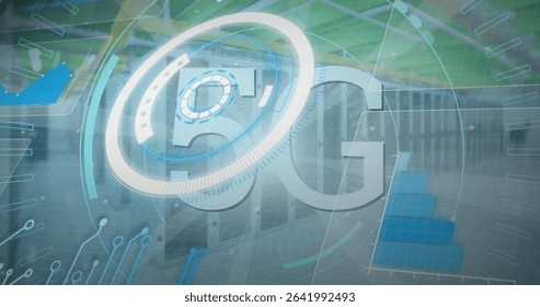 Displaying holographic 5G emblem and rotating interface above server racks, with bar chart overlay. Futuristic, digital, technology, innovation, interface, data, networking