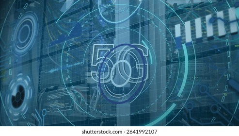 Displaying holographic 5G interface overlaying server racks with LED lights, cables in data center. Technology, data, connectivity, digital, futuristic, network, innovation