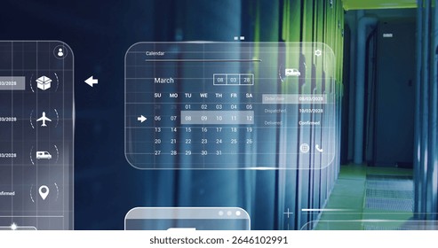 Displaying holographic calendar tracking shipments in data center, with server racks glowing green. Futuristic, technology, digital, interface, data, cyber, innovation - Powered by Shutterstock - Get 15% off with code: PIKWIZARD15