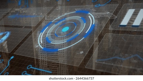 Displaying holographic circular interface floating above downtown skyline, showing wireframe grids. Futuristic, technology, networking, data visualization, urban, digital architecture, innovation - Powered by Shutterstock - Get 15% off with code: PIKWIZARD15