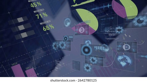 Displaying holographic data dashboard in control room, with pie charts and bar graphs. Futuristic, data visualization, interface, analytics, digital, immersive, technology