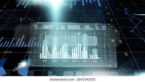 Displaying holographic data panel floating in digital space, with vertical bar chart and light beam. Technology, innovation, data, visualization, futuristic, interface, analytics