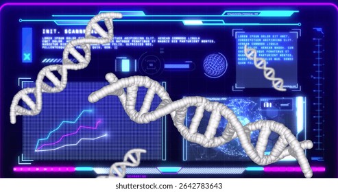 Displaying holographic data panels featuring floating DNA helix models in virtual lab, neon UI. Futuristic, digital, innovation, visualization, sci-fi, technology, interface
