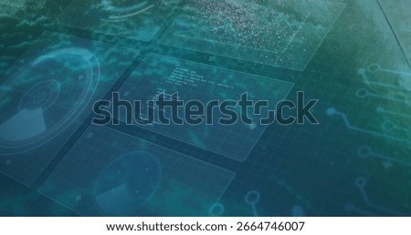 Displaying holographic data panels in interface grid, with radar displays and network node diagrams. Futuristic, immersive, digital, abstract, technology, visualization, analytics