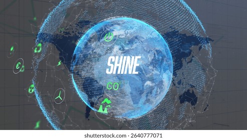 Displaying holographic Earth globe glowing in data interface, with SHINE CO text and neon icons. Futuristic, technology, innovation, digital, network, interface, sustainability - Powered by Shutterstock - Get 15% off with code: PIKWIZARD15