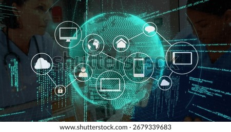 Displaying holographic globe interface floating in medical lab, with stethoscopes, icons and code. Telemedicine, innovation, technology, collaboration, healthcare, digital, futuristic