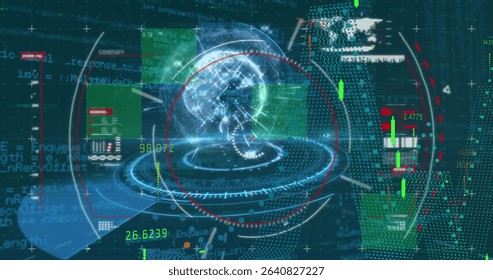 Displaying holographic globe projection rotating in digital interface, with HUD rings, data panels. Futuristic, technology, data visualization, interface, cyber, digital, innovation