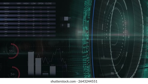 Displaying holographic grid rotating arcs in dashboard, with financial table, copy space. Futuristic, data visualization, digital interface, holographic, technology, analytics, control panel