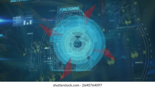 Displaying holographic grids with padlock icon floating over virtual interface, with data panels. Futuristic, technology, digital, interface, security, data visualization, cyber - Powered by Shutterstock - Get 15% off with code: PIKWIZARD15