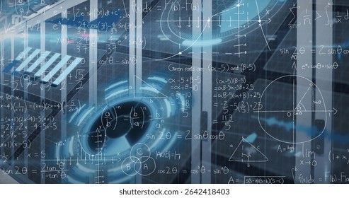 Displaying holographic interface with math formulas on glass panels in lab, with HUD graphics. Technology, innovation, futurism, digital, science, research, computation