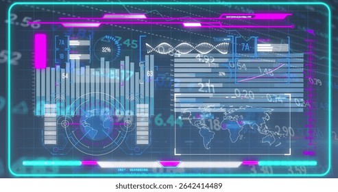 Displaying holographic interface showing bar charts and world map in control hub, with neon borders. Futuristic, analytics, technology, ui, digital, interface, neon