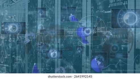 Displaying holographic interface showing code flow, network nodes over server racks at data center. Futuristic, technology, digital, connectivity, virtual, cybersecurity, innovation