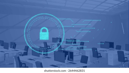 Displaying holographic padlock icon projecting data in open office, with white desks, black chairs. Technology, innovation, cybersecurity, digital, workspace, modern, futuristic