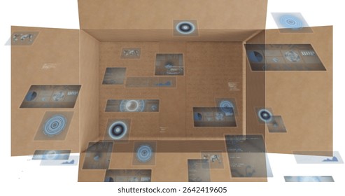 Displaying holographic panels floating in beige cuboid room, showing data charts, code and reticles. Futuristic, technology, interface, data, visualization, immersive, digital