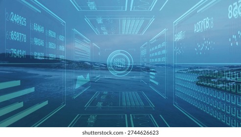 Displaying holographic panels and numeric data over coastal shoreline with circular reticle. Hologram, interface, augmented, reality, ocean, corridor, grid - Powered by Shutterstock - Get 15% off with code: PIKWIZARD15
