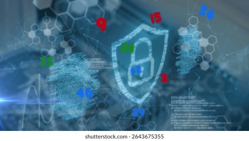 Displaying holographic shield with padlock over office desk with fingerprint scans and network grid. Cybersecurity, digital, technology, innovation, security, protection, networking
