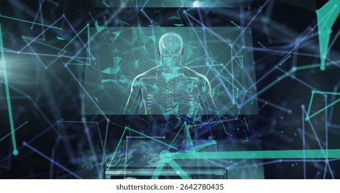Displaying holographic skeleton scan rotating in virtual lab interface, showing data nodes. Medical visualization, futuristic technology, data analytics, digital interface, scientific research, - Powered by Shutterstock - Get 15% off with code: PIKWIZARD15
