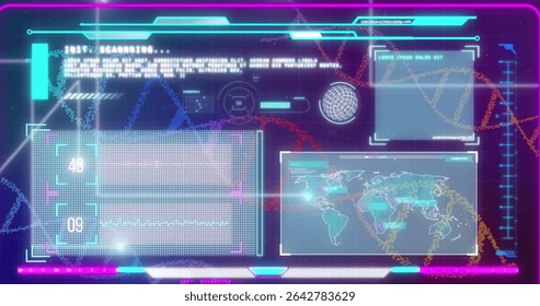 Displaying holographic UI with map numbers scanning globe placeholder DNA HUD frames over backdrop. Technology, innovation, digital, sci-fi, data visualization, futuristic, cyber