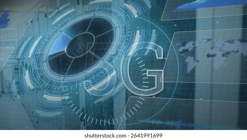 Displaying holographic UI showing radial progress inside data center with server racks, world map. Technology, innovation, cybersecurity, futuristic, digital, enterprise, networking
