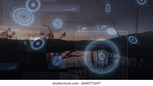 Displaying holographic visuals glowing over lakeshore at dusk, with circular graphs and data charts. Futuristic, technology, data visualization, immersive, serene, nightscape, interface
