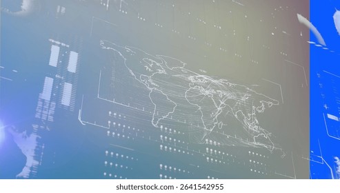 Displaying holographic world map hovering over console, with grid lines lat or long markers and dots. Futuristic, technological, visualization, data, interface, digital, innovation