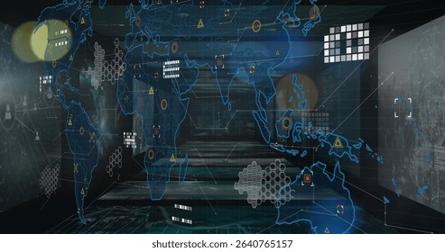 Displaying holographic world map projection filling control hub corridor, with hexagonal clusters. Futuristic, technological, digital, immersive, high-tech, data visualization, innovation - Powered by Shutterstock - Get 15% off with code: PIKWIZARD15