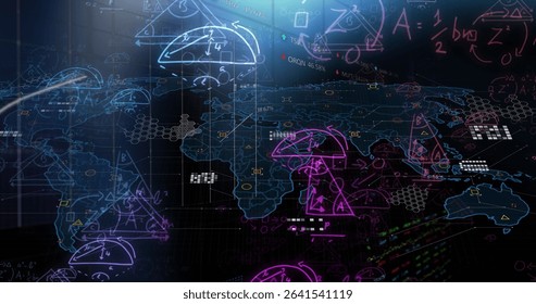 Displaying holographic world map projection in control interface, with math diagrams and data. Futuristic, digital, abstract, data, technology, interface, analytics