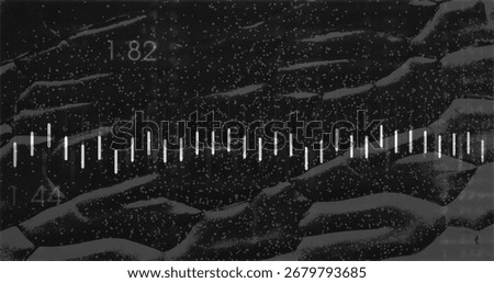 Displaying horizontal waveform pulsing across digital interface, with white bars and numeric labels. Abstract, digital, futuristic, technology, data visualization, soundwave, high-tech