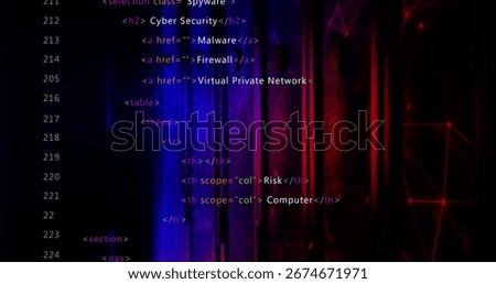 Displaying HTML code overlay in editor window on computer screen with security theme, copy space. Cybersecurity, technology, digital, innovation, network, protection, data
