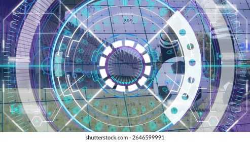 Displaying HUD interface overlaying aerial landscape, with concentric rings and numeric readouts. Futuristic, technology, interface, holographic, digital, urban, monitoring