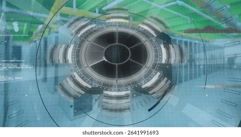 Displaying HUD interface showing segmented rings in server corridor with racks and overhead cabling. Futuristic, technology, networking, digital, industrial, clean, cybersecurity