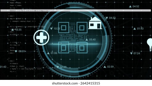 Displaying HUD overlay and scrolling code text on futuristic interface screen with four modules. Digital, tech, interface, visualization, futuristic, data, innovation