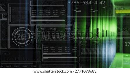 Displaying HUD panels and numeric data on control panel, featuring circular gauge and green streaks. Dashboard, overlay, widgets, matrices, alphanumeric, charts, graphs
