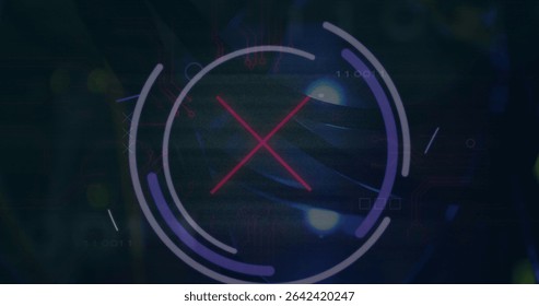 Displaying HUD rotating purple ring around red X in digital environment with binary code and orbs. Futuristic, techno, interface, cyber, cyberpunk, science, innovation