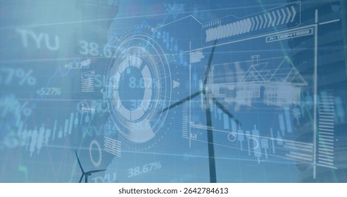 Displaying HUD showing financial data, gear icon, house blueprint icon on wind farm, with turbines. Futuristic, renewable, technology, sustainable, eco-friendly, data visualization, digital interface