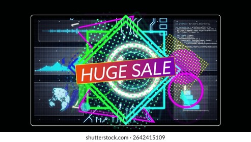 Displaying HUGE SALE banner on dotted grid overlay, with neon polygon frame and circular ring. Futuristic, cyber, technology, digital, neon, data, interface - Powered by Shutterstock - Get 15% off with code: PIKWIZARD15