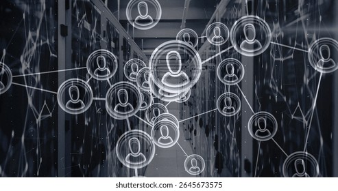 Displaying icon network overlaying data center corridor, showing server racks and reflective floor. Technology, cybersecurity, connectivity, futuristic, digital, automation, infrastructure