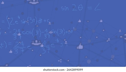 Displaying illustration merging equations with connected nodes on blue backdrop, with social icons. Abstract, digital, network, connectivity, educational, technological, futuristic