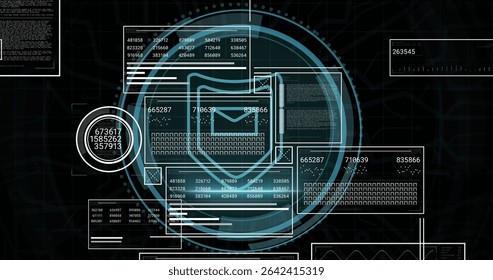 Displaying interface floating data panels in virtual dashboard, with central HUD and envelope icon. Futuristic, technology, analytics, interface, innovation, data visualization, cyber