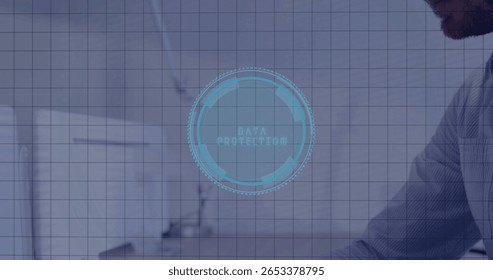 Displaying interface labeled DATA PROTECTION hovering over office desk with computer monitor. Technology, cybersecurity, digital, innovation, professional, workspace, futuristic