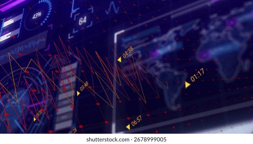Displaying interface on screen, with jagged line charts on red grid, yellow time markers, widgets. Technology, analytics, dashboard, innovation, data, intelligence, digital
