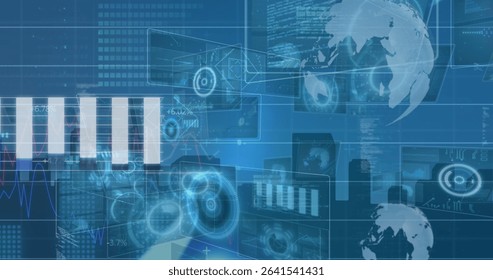 Displaying interface on screen with panels showing bar or line charts, gauges, globes, percentages. Technology, innovation, futuristic, data, analytics, digital, interface