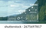 Displaying interface overlay over calm lake surrounded by hills, with world map, gauges and charts. Futuristic, technology, analytics, harmony, nature, outdoor, visualization