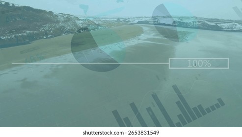 Displaying interface overlay over snowy beach with pie charts, bar graphs and 100% progress bar. Futuristic, analytics, data visualization, technology, landscape, environmental, cold climate