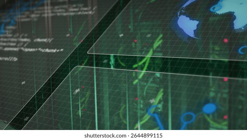 Displaying interface overlaying grid planes with scrolling code, neon circuits, red nodes. Futuristic, technology, holographic, cyber, digital, interface, immersive